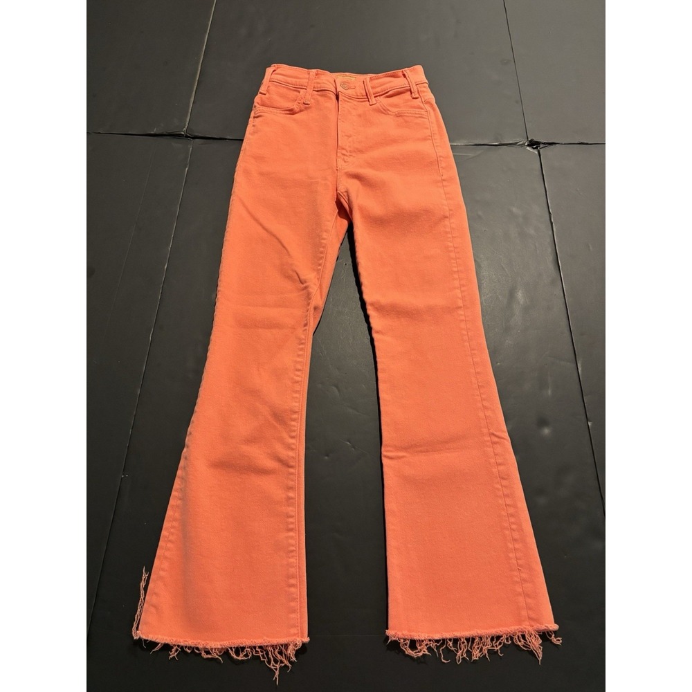 MOTHER Women's High-Rise Raw Hem Flare Jeans in Bright Orange Size 25